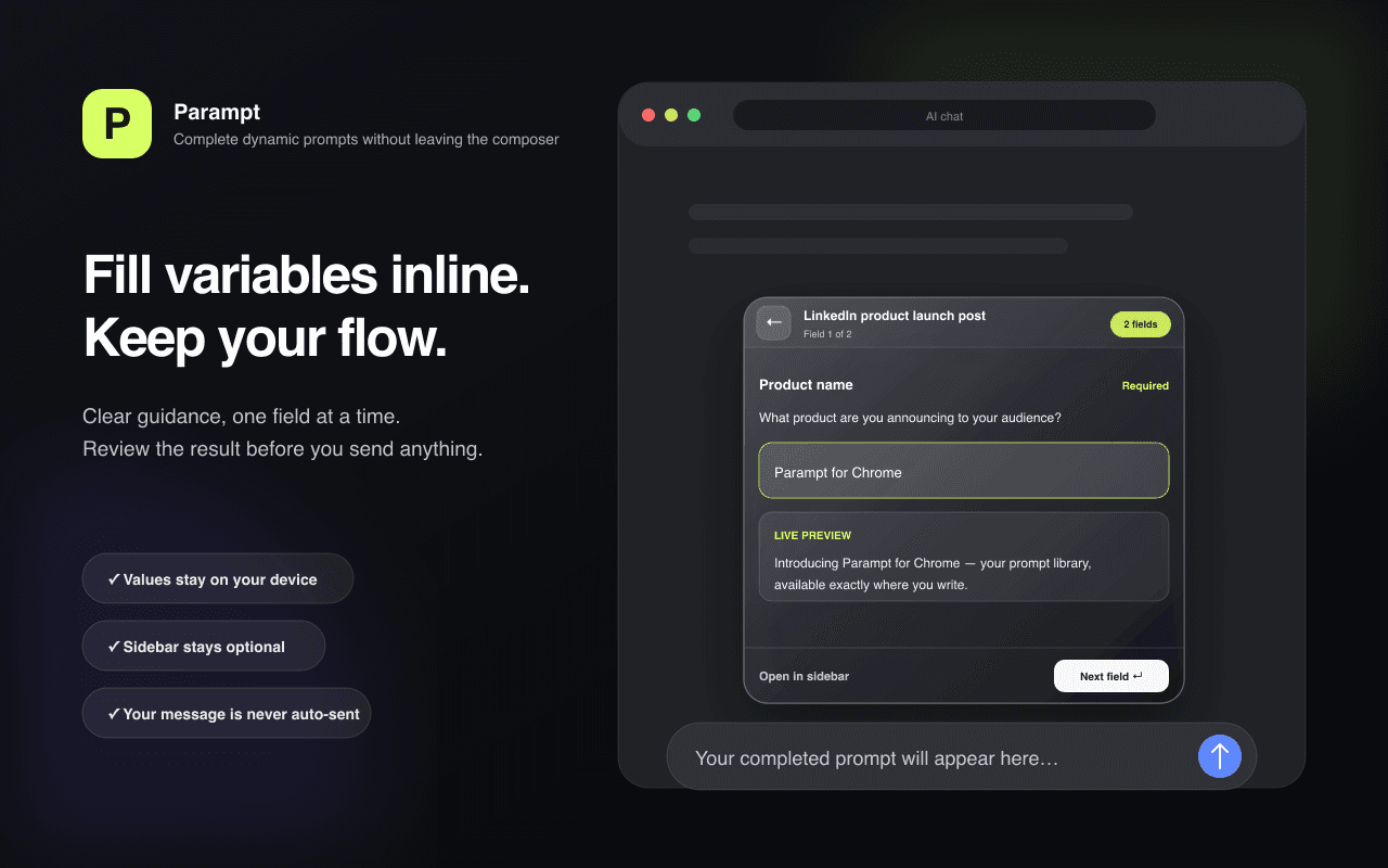 Parampt Chrome extension filling a reusable prompt directly inside an AI chat